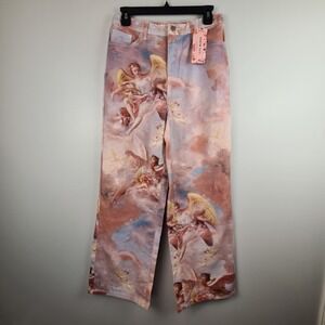 SHEIN MOD Designer Inspired Angel Print Wide Leg Jeans 29 Pants Renaissance Pink